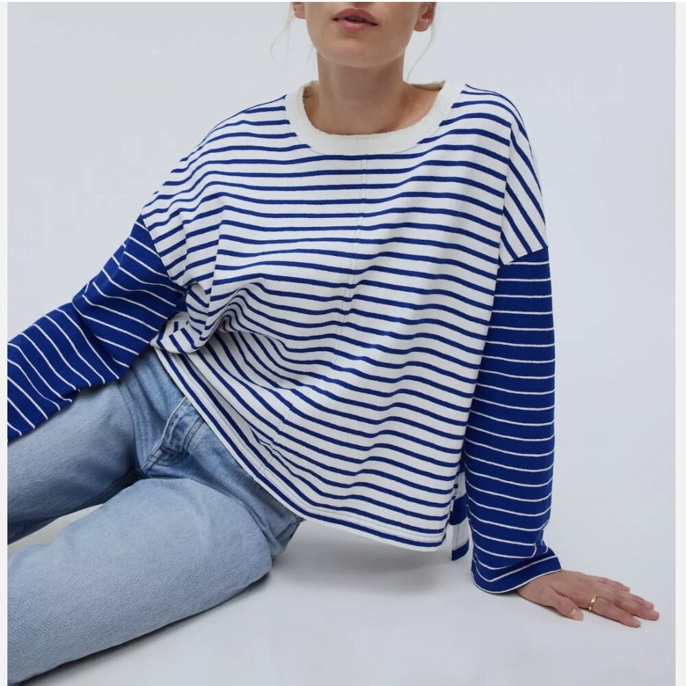 Madewell White Blue Easy Long-Sleeve Contrasting Stripe Rugby Tee